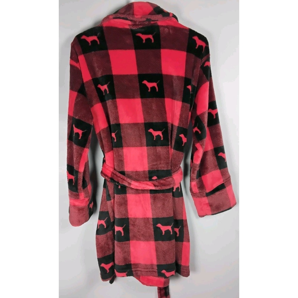 Victorias Secret PINK Robe XS/S Red‎ Black Buffalo Plaid Cozy Velour Logo Short - Picture 4 of 5